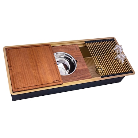 Ruvati 45 in. Polished Brass Matte Gold SS Workstation Two-Tiered Ledge Undermount Kitchen Sink RVH6333GG